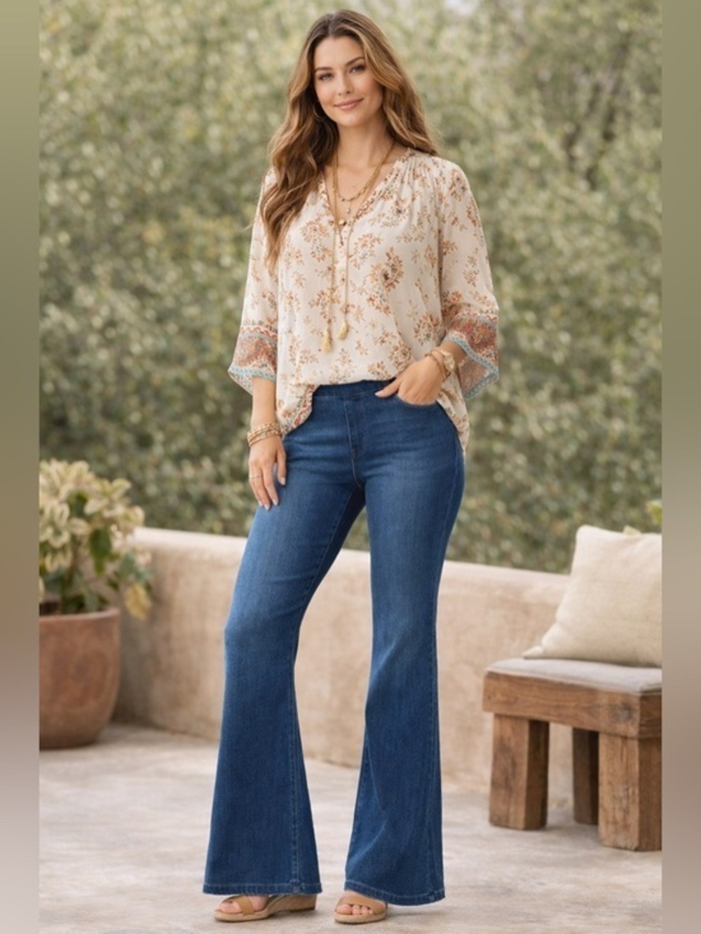 Soft Surroundings Pull-On Flare Jeans Stretch Denim Blue Comfortable  Large